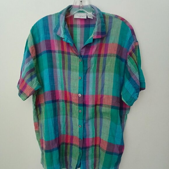 100% Cotton Gauzy, Lightweight Ocean Blues Short Sleeve Button Up Top Sz L - Picture 2 of 9